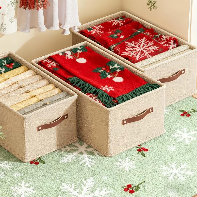 A winter closet clothing storage box (with handle), a foldable rectangular basket, a fabric container box for organizing shelves, suitable for the bedroom, Indoor Storage, in gray and beige colors, Clothes Storage Boxes