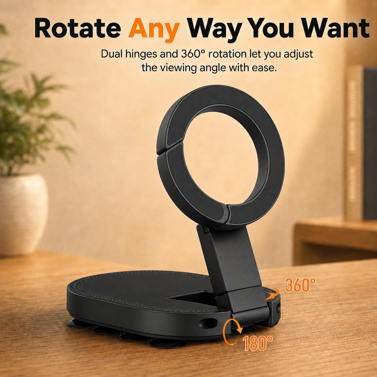 Portable Magnetic Suction Phone Mount, 360° Rotatable Foldable Phone Holder Stand, Hands‑Free MagSafe‑Compatible Mount for Gym, Car, Mirror, Laptop, Kitchen & Travel