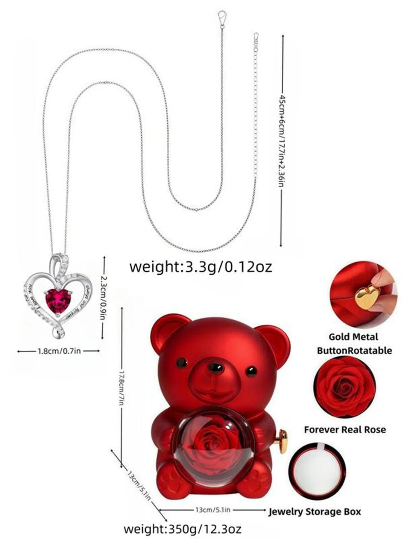 A romantic teddy bear necklace with a birthstone rotating pendant and heart design, perfect for women. It's the perfect gift for Valentine's Day, weddings, Mother's Day, anniversaries, birthdays, and Christmas.