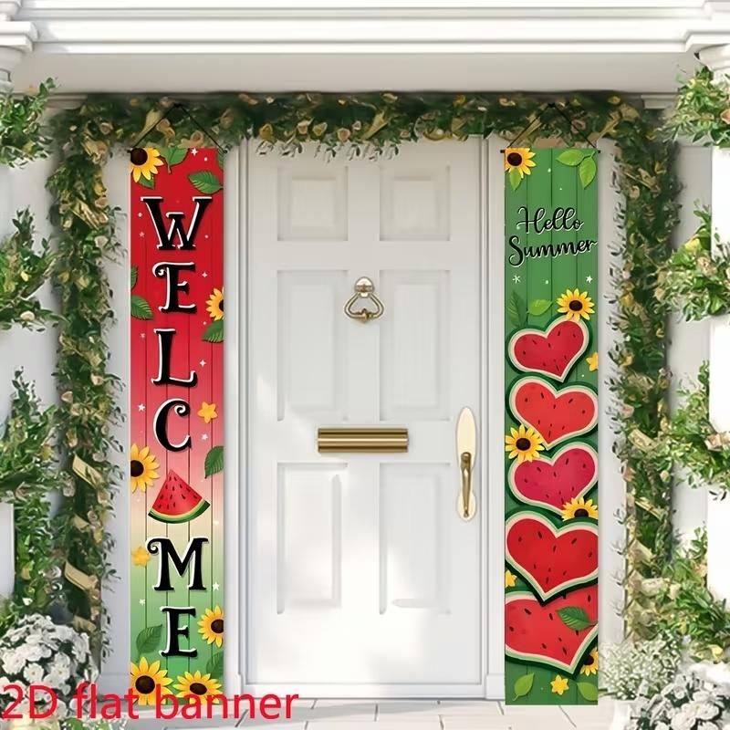 Welcome Hello Summer Porch Banners Set, Watermelon Sunflower Vertical Door Signs, Summer Farmhouse Garden Decor, Festival Decorations
