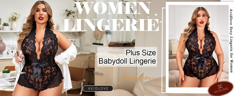 Avidlove Plus Size Lingerie for Women Deep V Neck Teddy Lingerie Halter Lace Bodysuit Nightgown