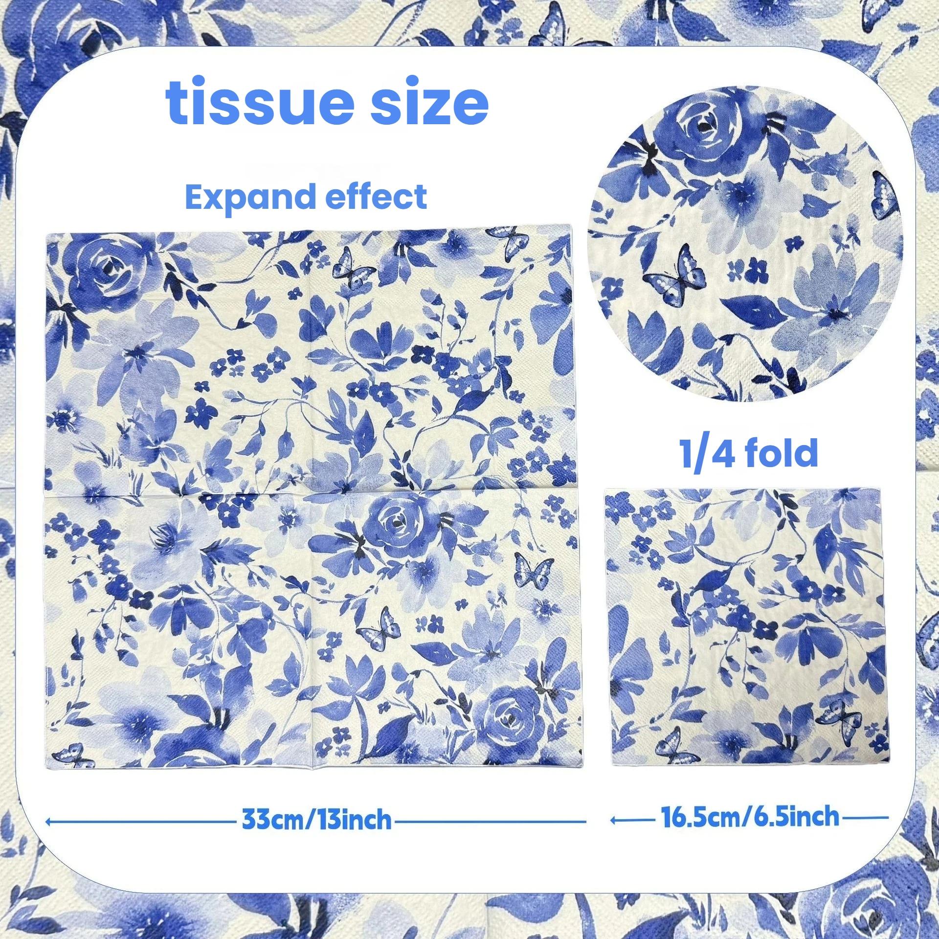 Blue Floral Bird Pattern Napkins, 2 Packs (20 Sheets/pack), Traditional Style Disposable Napkins for Wedding Party Decorations