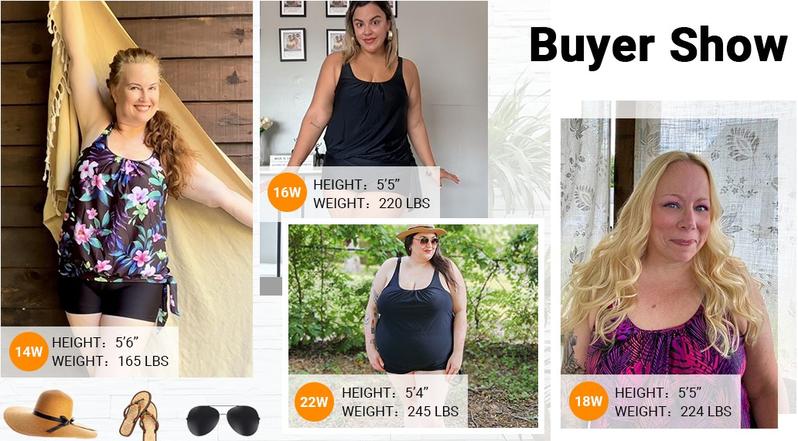 Holipick Black Plus Size Swimsuit for Women Two Piece Tankini Set Tummy Control Bathing Suits Blouson Tankini Top with Boy Shorts