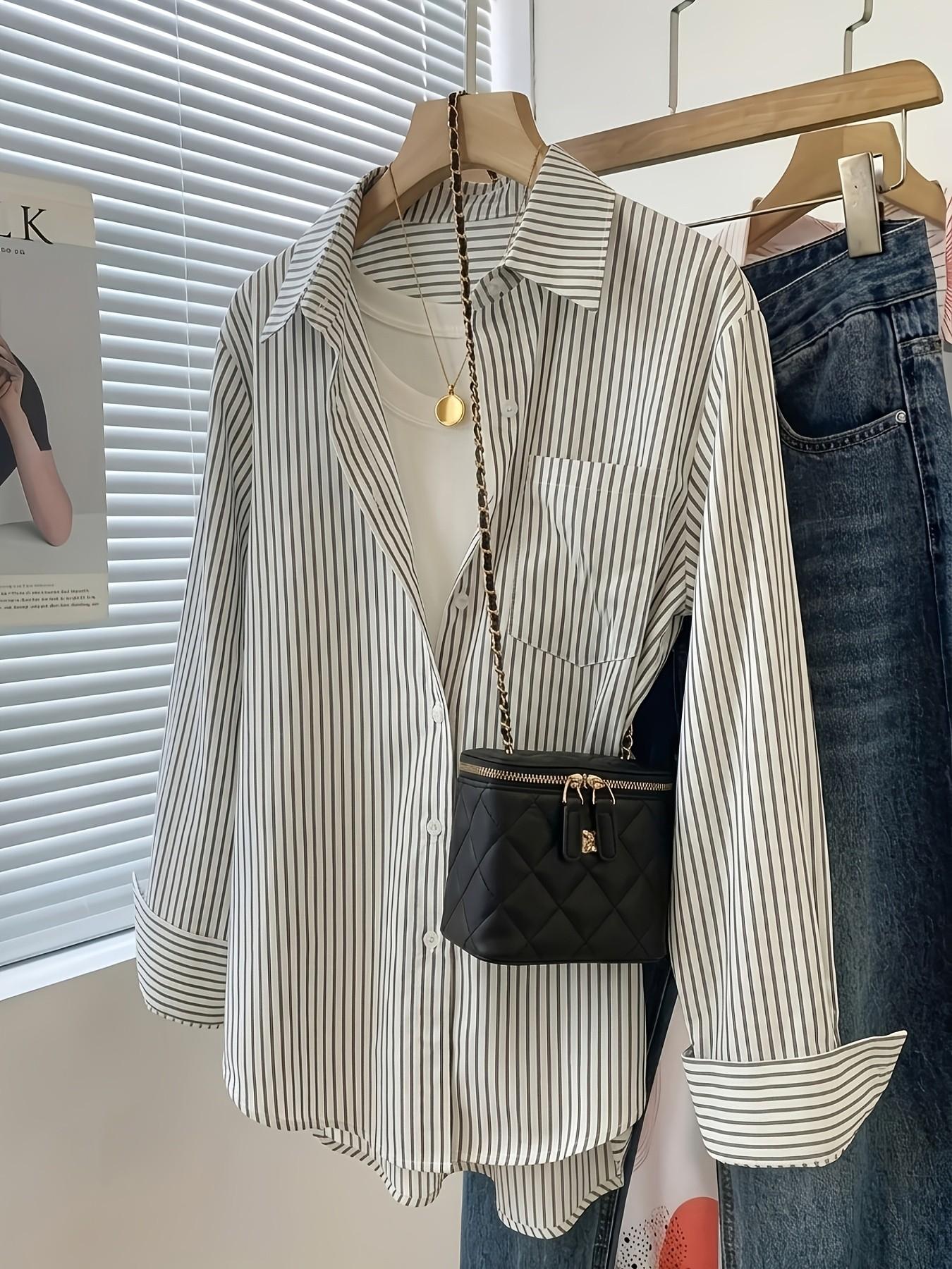 Women's Fashion Lapel Shirt with Chest Pocket, Striped Design, Stylish and Comfortable, Perfect for Daily Wear and Office