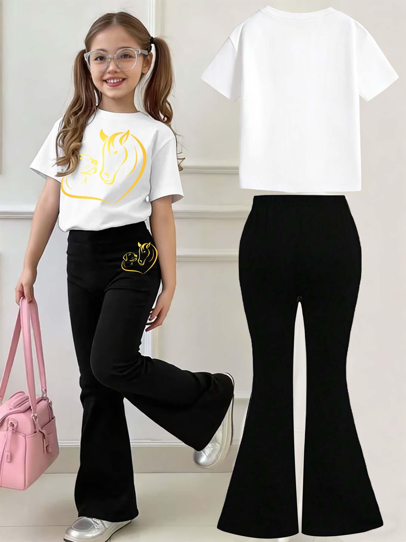 Kids' Casual Set, Horse & Dog Heart Animal Print, Multiple Colors, Machine Washable, Spring & Summer Top, Soft Skin-Friendly Fabric, Daily Wear, Fashion Design