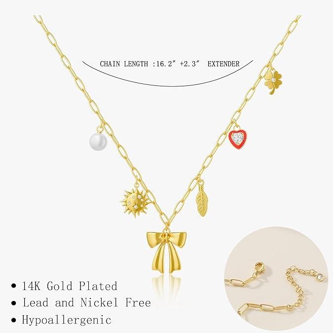Tewiky 14K Gold Plated Charm Necklace for Women Trendy Dainty 14K Gold Plated Boho Charm Bow Pendant Paperclip Chain Necklace Zircon Sunflower Pearl Charms Necklace Fashion Jewelry Gift for Women For Valentine's Day gifts