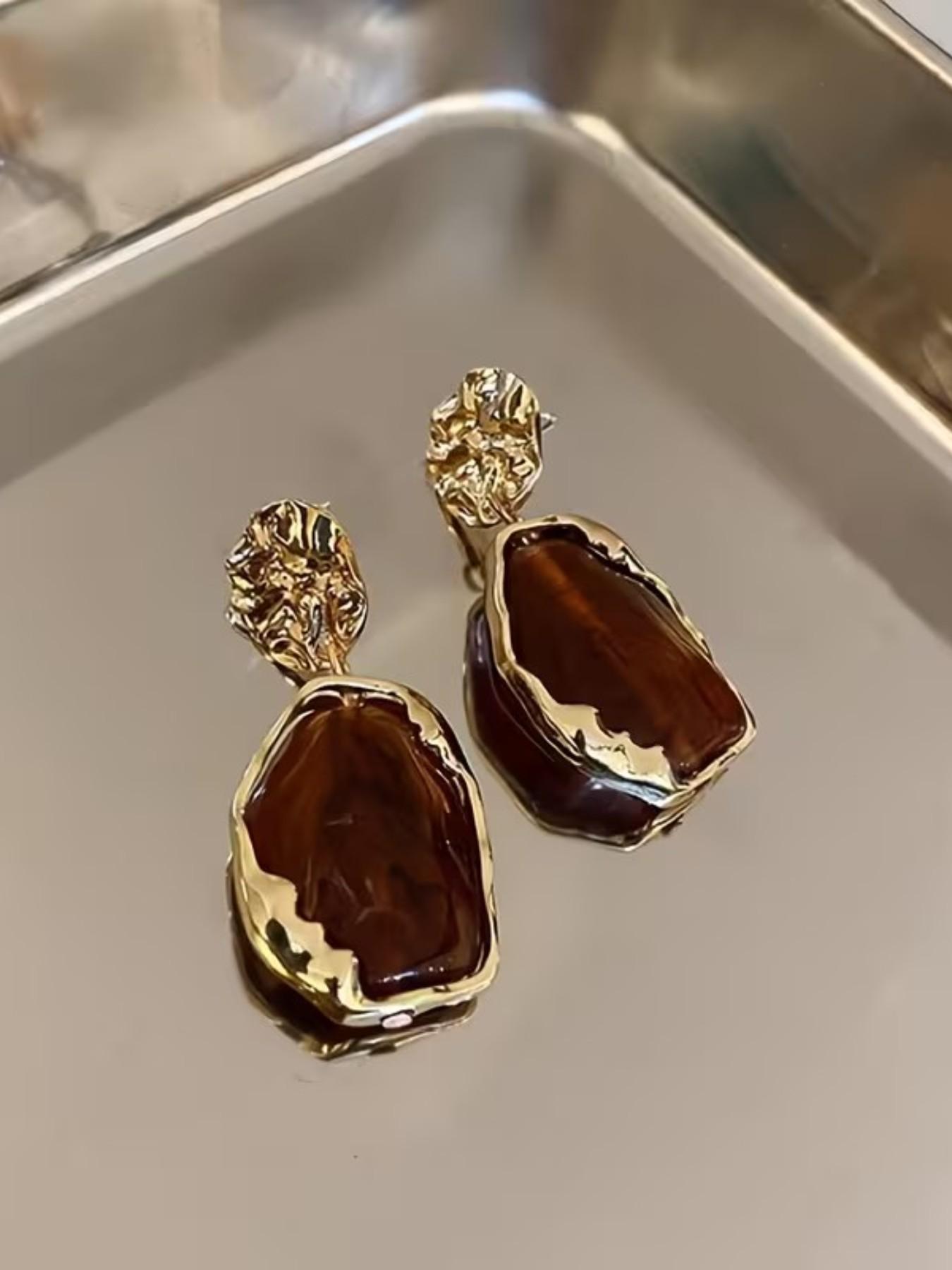 Vintage Elegant Irregular Geometric Resin Dangle Earrings, Simple Chic Style, Women's Metal Texture Earrings, Perfect for Daily Wear, Ideal Gift