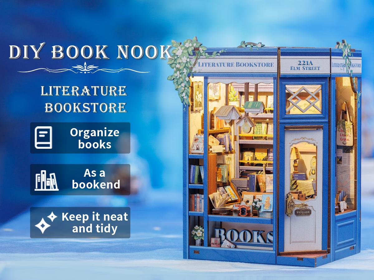 CUTEBEE DIY 3D Book Nook Kit Literature Bookstore – Miniature Wooden House Dollhouse, Handmade Creative Bookshelf Decor | Holiday, Christmas and Black Friday Gift for Adults
