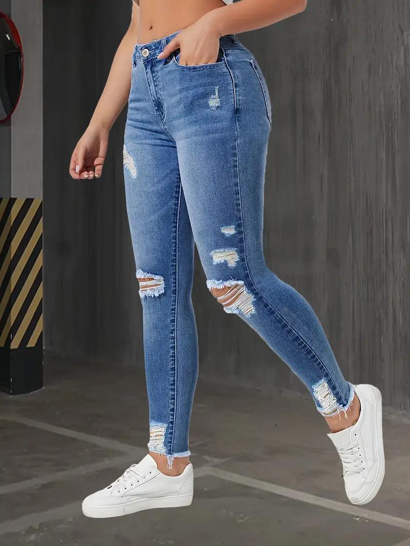 New stretch denim jeans with slits and slim fit for ladies, fashionable long pants for women
