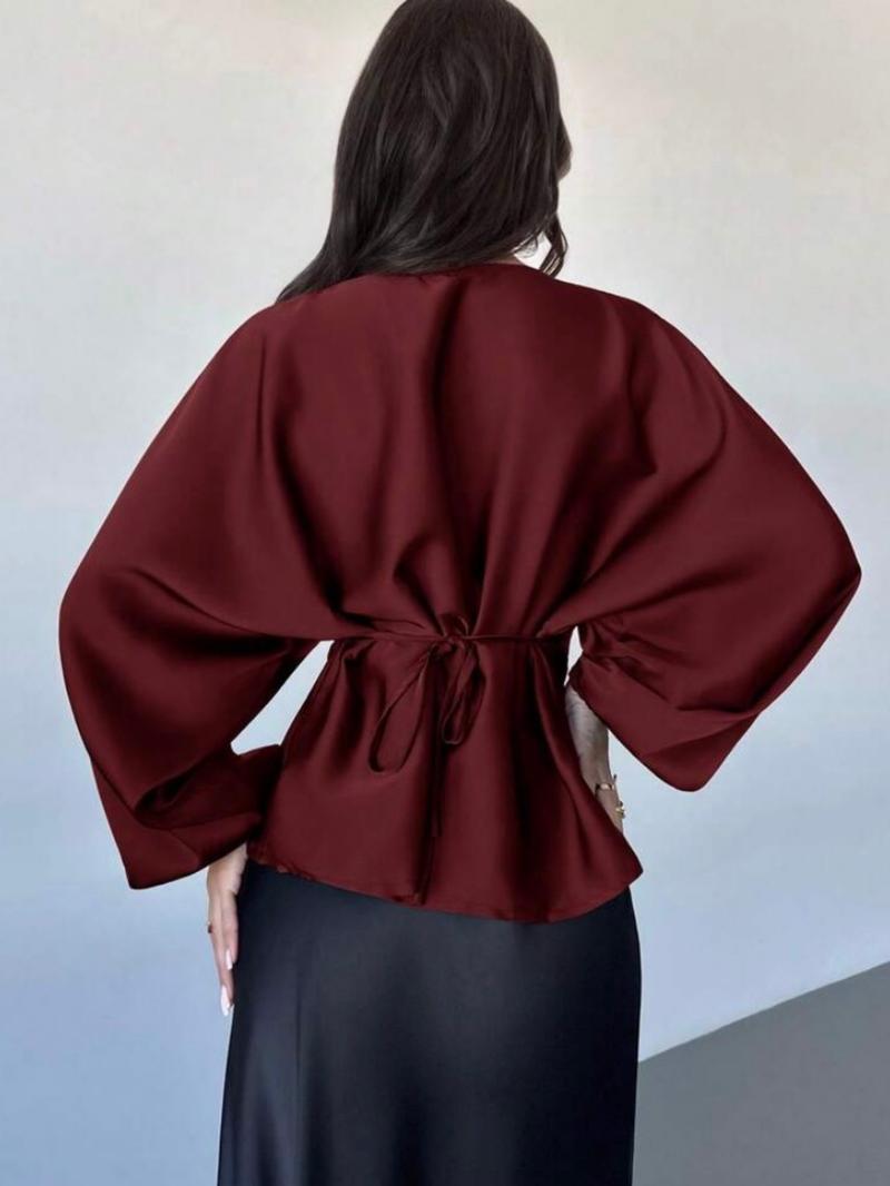 Elegant Satin Lantern Sleeve Top Blouse, Back Tie Waist Design, Round Neck, Perfect for Commuting and Dates, High-End Style