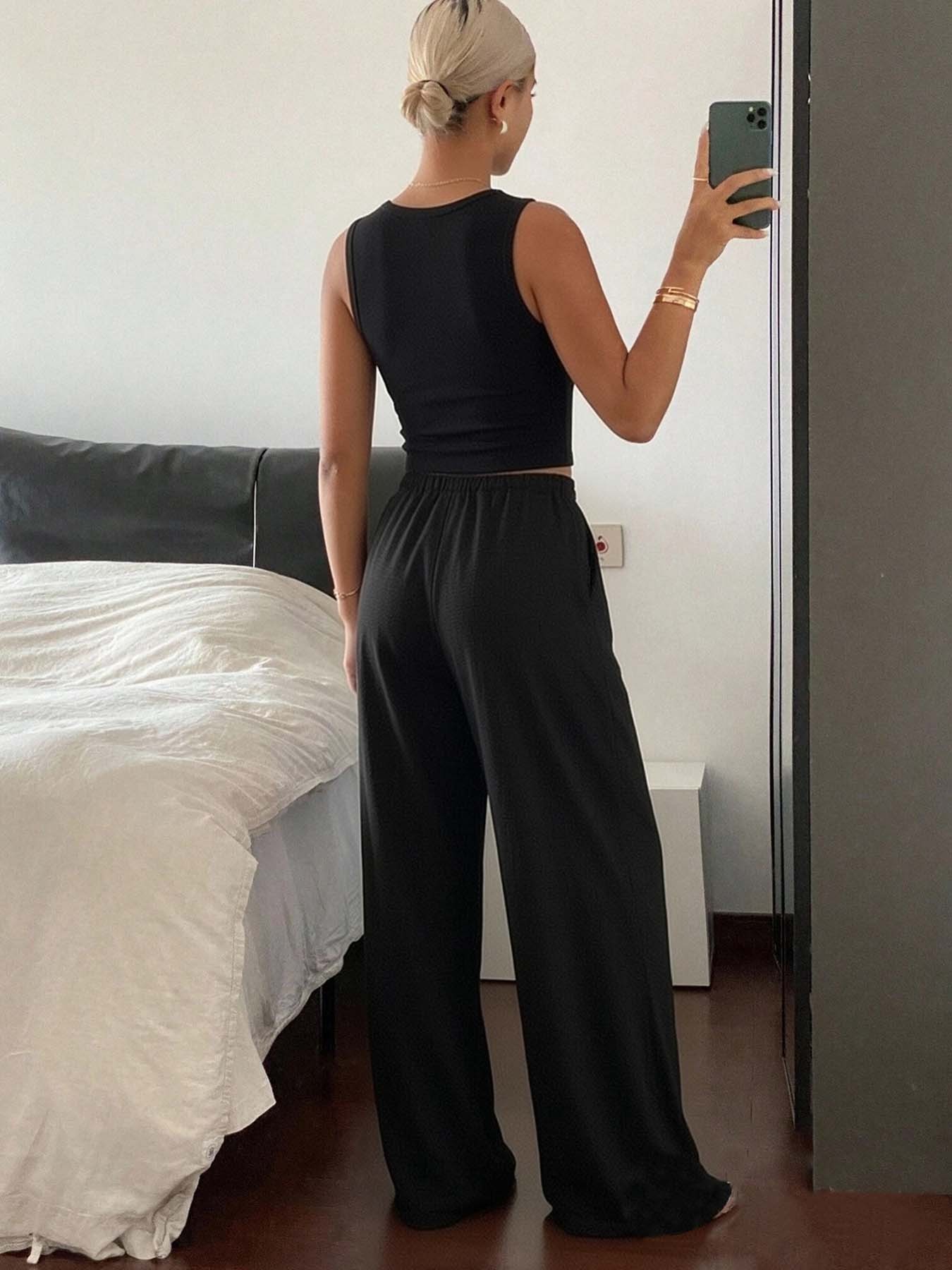 tiktokshopspringglowup Black ribbed sleeveless button top+wide leg drawstring pants set | Easy, quiet and luxurious, slim fit crop top, flowing and comfortable pants, all casual and fashionable # OOTD # ViralFashion