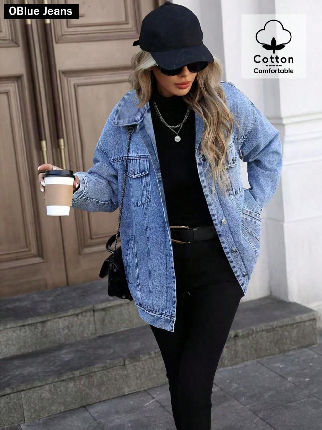 OBlue Jeans Elegant Street Style Loose Fit Denim Jacket Outerwear, All Season Casual Wear, Versatile and Comfortable, Perfect for Everyday Use