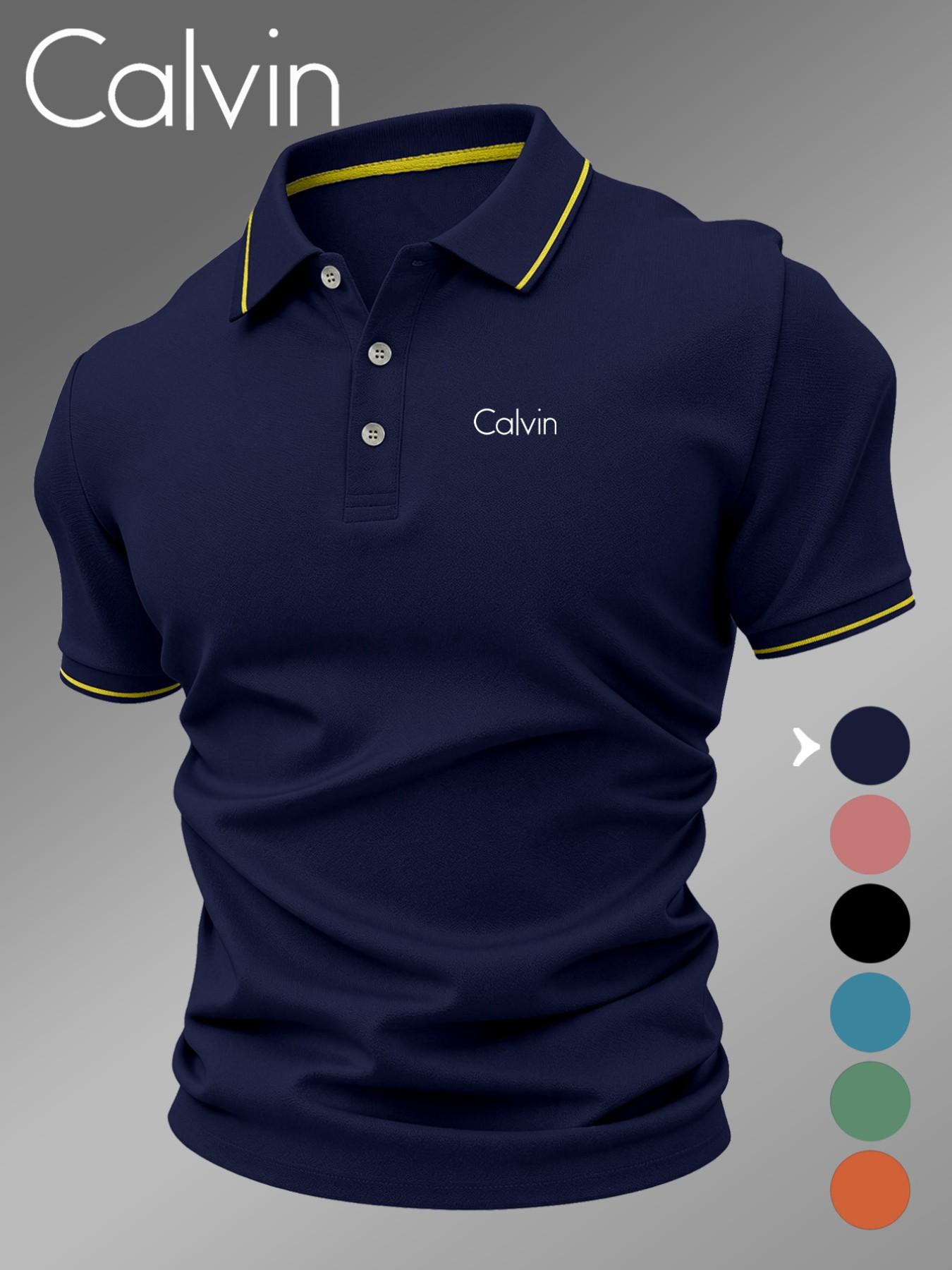 Lb5030 Classic Calvin Logo Print Men's Polo Shirt, Fitted Geometric Pattern, Casual Style, Breathable and Comfortable, All-Season Wear
