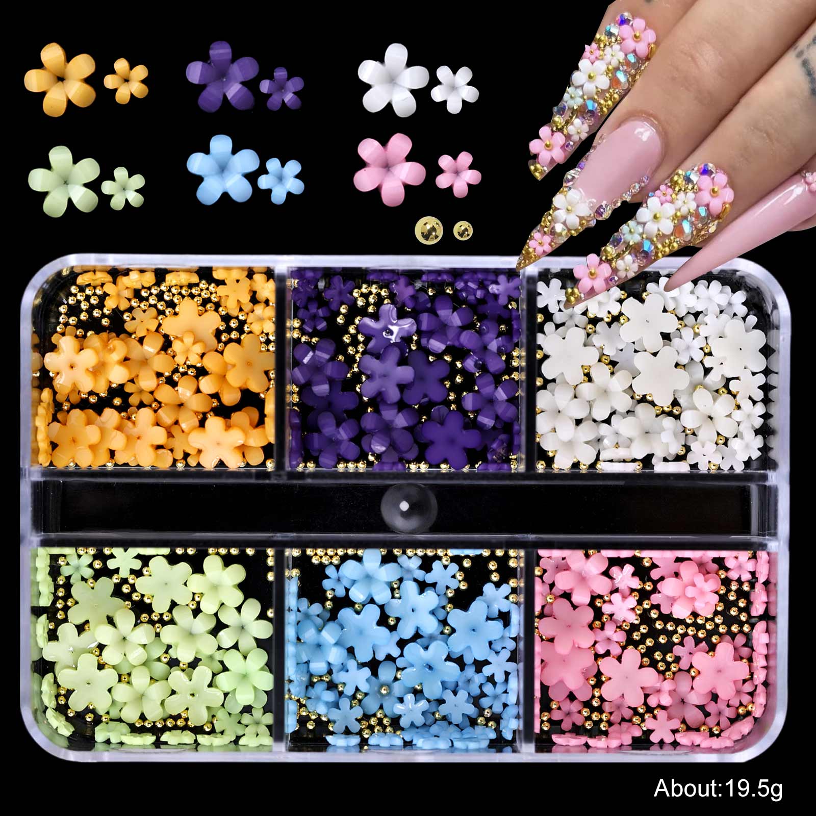 Multicolor five-petal flower nail art accessories, available in 6 compartments/12 compartments/24 compartments, ultra-thin cherry blossom petals, suitable for various styles of nail decoration, for professional nail salons