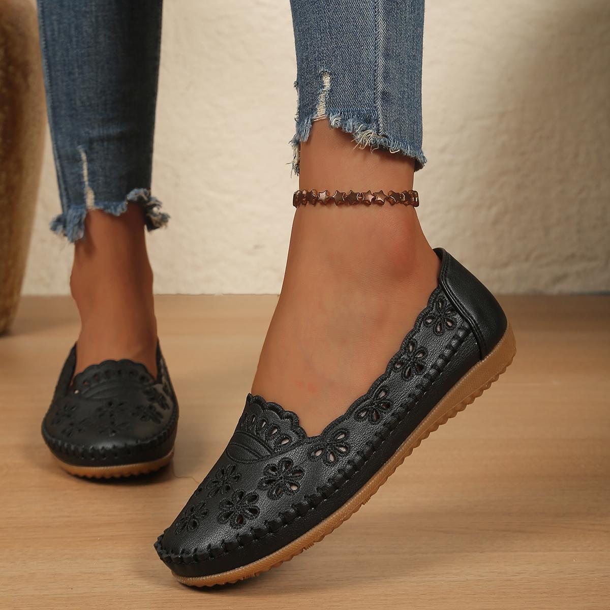 Goreyodoly Womens Wide Fit Round Toe Casual Slip On Flats, Breathable Slip Ons, Hollow Floral Lightweight Comfortable Walking Shoes All Season Office Travel Commuting Home Wear Soft Cushioned Insole Rubber Slip Resistant Durable Versatile Footwear