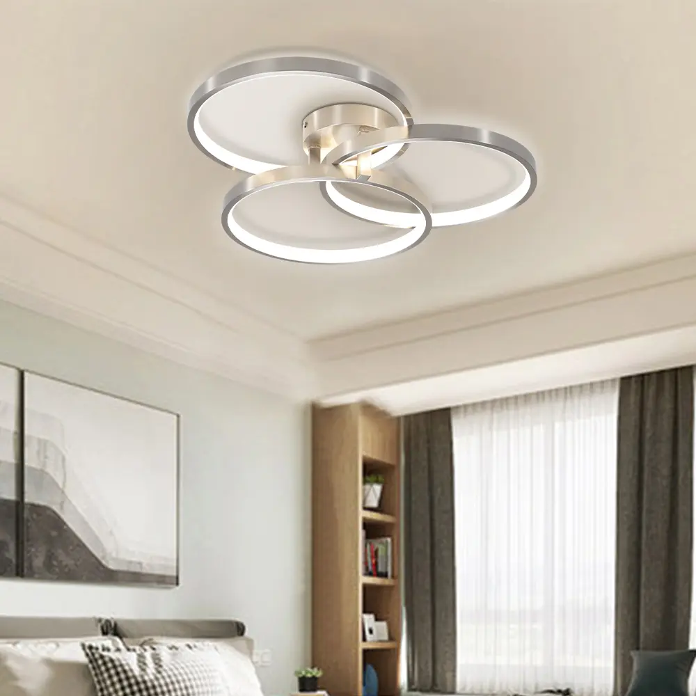 20" Modern LED Ceiling Light Fixture, 3 Ring Circular Design, Dimmable Flush Mount Ceiling Lamp, Brushed Nickel Finish for Living Room, Bedroom & Office motion sensor Minimalist Fabric Ceiling Chandelier Coastal Gold Shell Chandelier