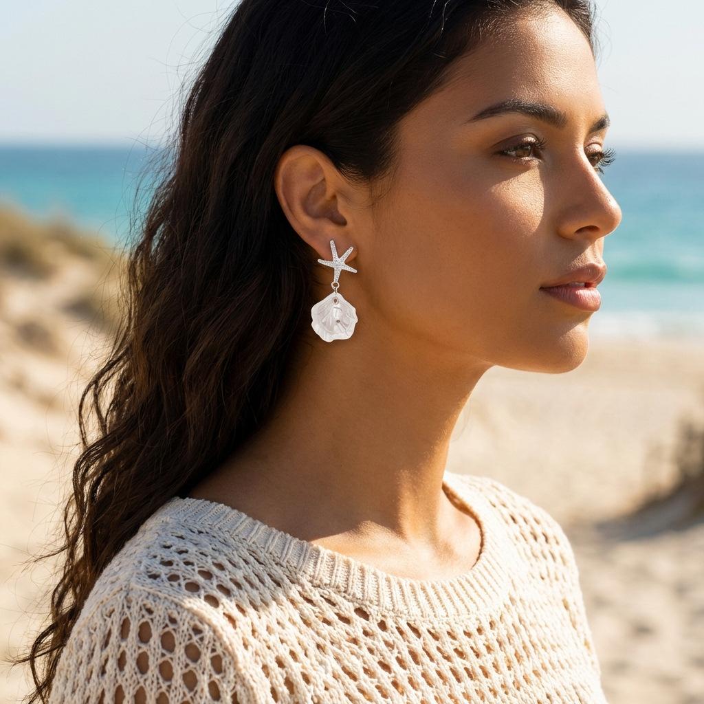 Stylish Beach Vacation Inspired Starfish Pearl and Seashell Dangle Earrings for Women Trendy Summer Resort Jewelry Gift