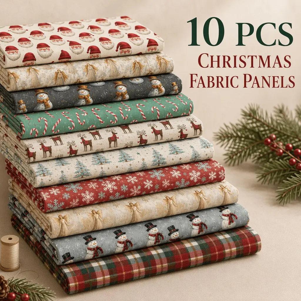 10Pcs/Set Vintage Christmas Fabric, 9×22 Inch Retro Santa Snowman Reindeer Snowflake Plaid Print, **100% Polyester Plain Weave Sewing Fabric**, DIY Craft Material for Wallet Making, Gift & Holiday Home Decoration, Craft Supplies