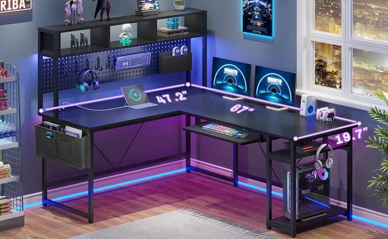 Sikaic L Shaped Reversible LED Gaming Desk with Power Outlets
