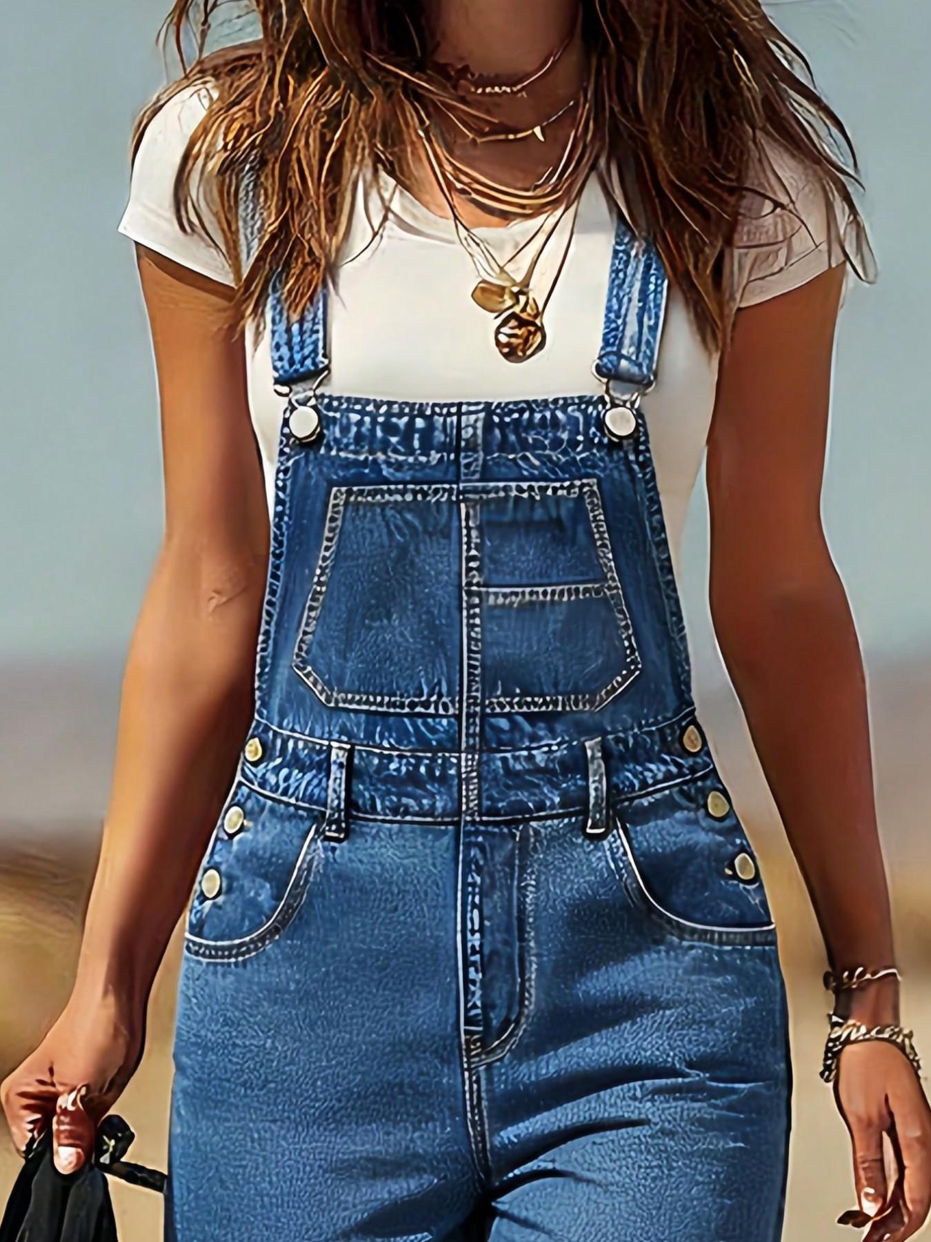 Women's Denim Overall Pants, Adjustable Straps, Pocketed Jumpsuit, Vintage Casual, Elegant Comfort, Street Style, Spring Summer All Seasons