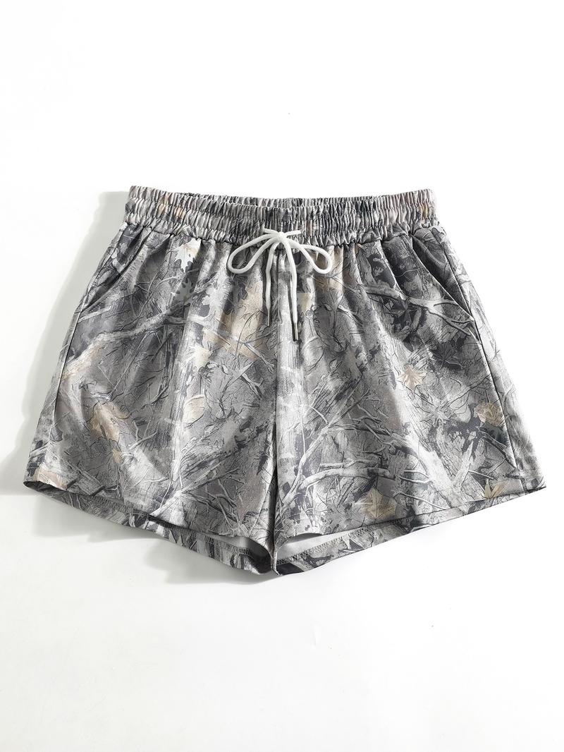 Vintage Street Withered Branch Camo Print Loose-Fit Gym Shorts, Casual All-Season Wear, Moderate Fabric Thickness, Kint Style, Athletic Shorts