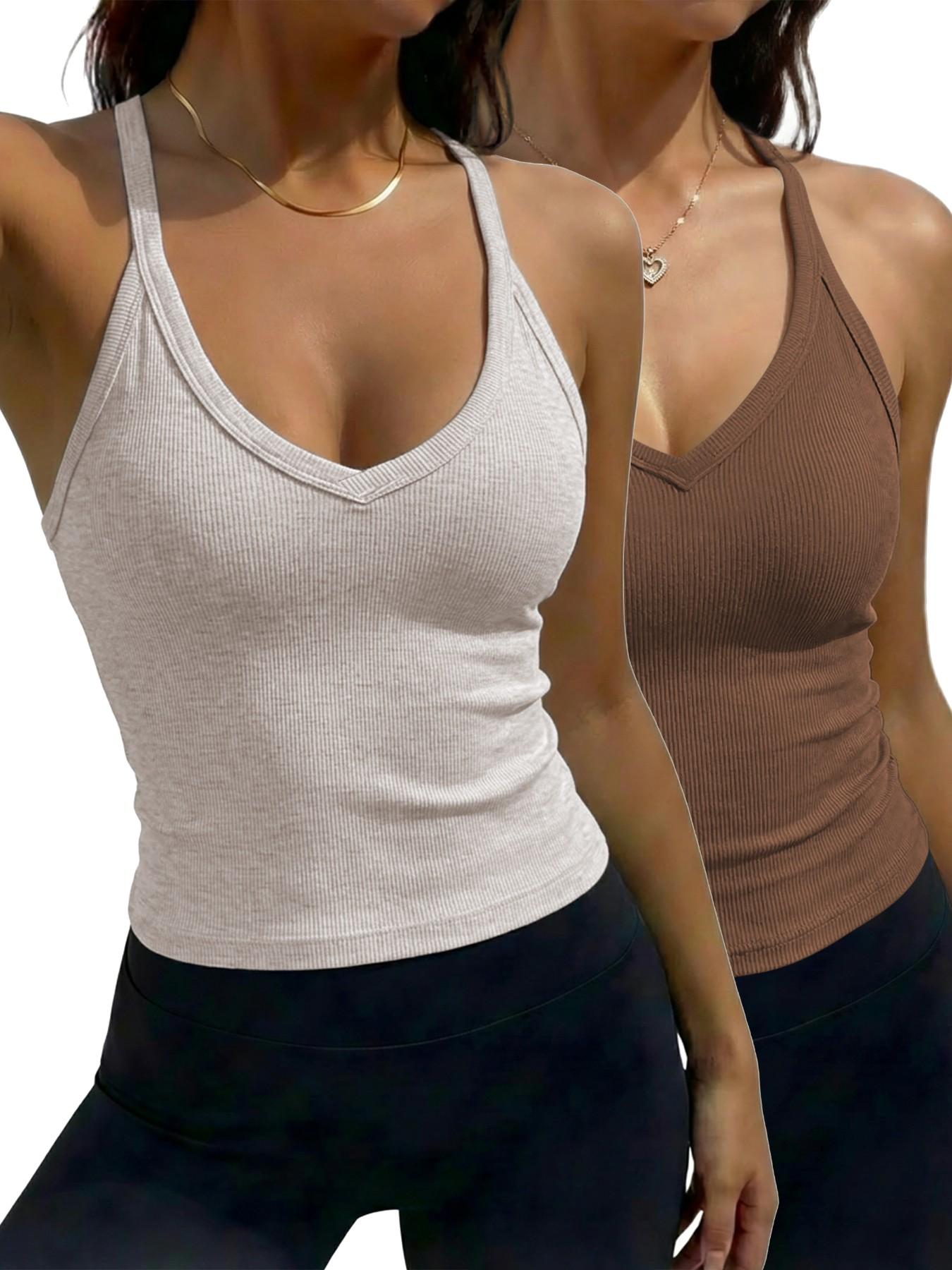 Women's Solid Racerback Tank Top, Casual Sleeveless Deep V- Neck Top for Summer, Ladies Clothes for Daily Wear, Breathable Sleeveless Tops