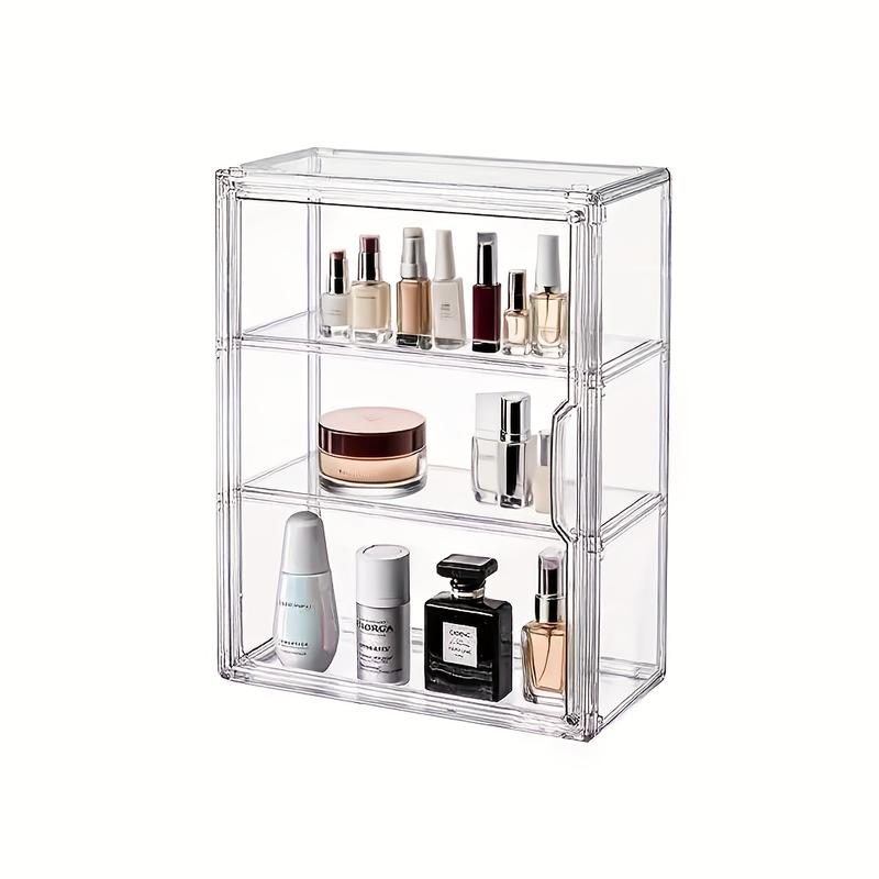 Multi-layer shelf transparent display cabinet provides ideal protection for collectibles and valuables in modern homes. It does not require electricity or batteries.