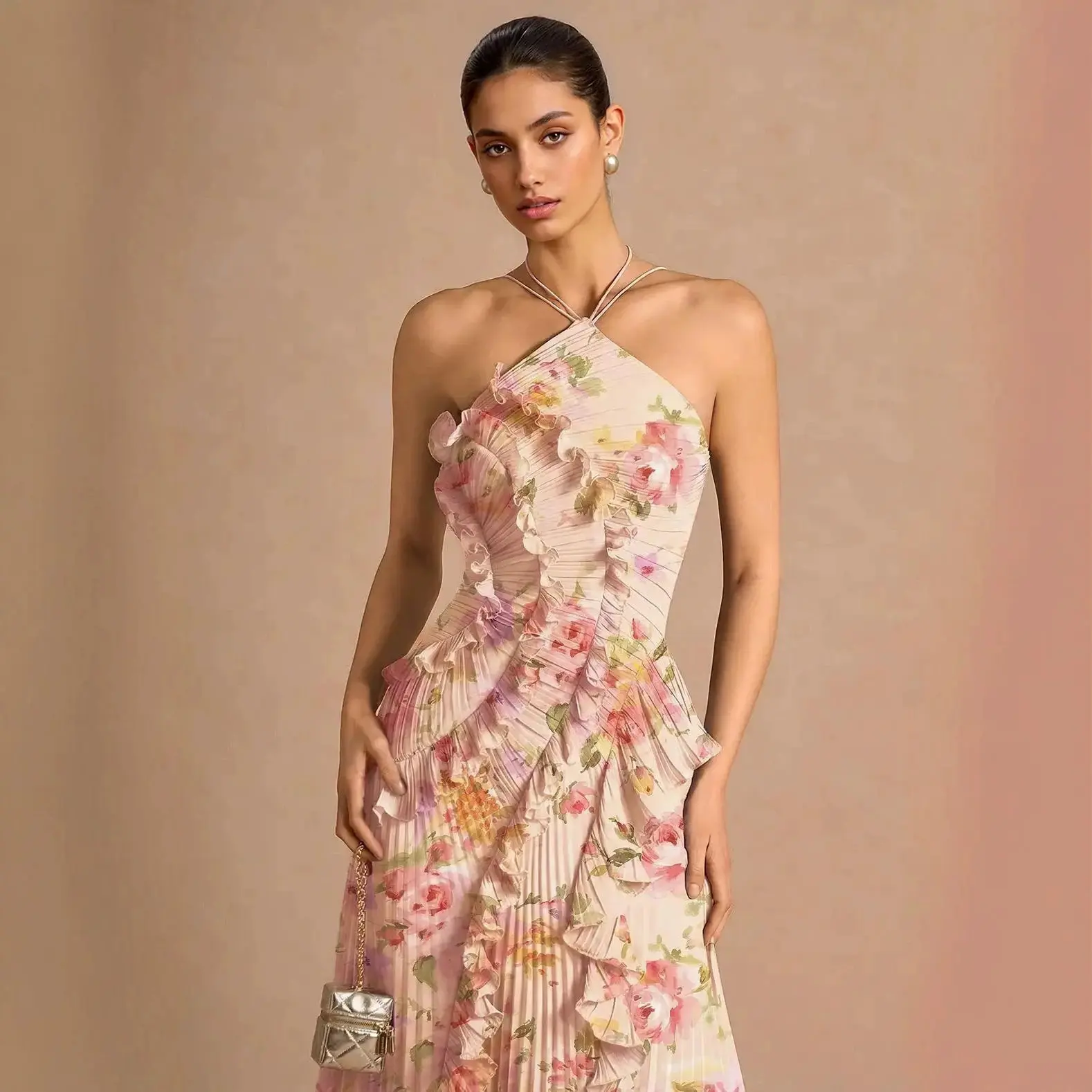 Ocean Style 2026 New Printed Pleated Ruched Evening Gown Elegant Women Party Formal Dress