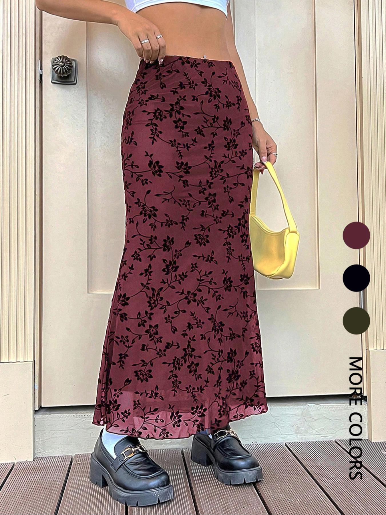Women's Floral Print Fish Tail Hem Maxi Skirt, Casual Fitted Long Skirt, Plain Pattern Design, Perfect for Daily Wear & Stylish