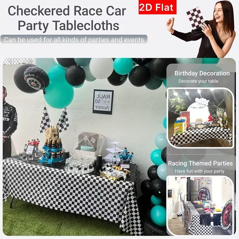 2D Flat Party Tablecloth 1pc, Checkered Racing Theme, Polyester Material, No Power Required, Perfect for Party Decorations