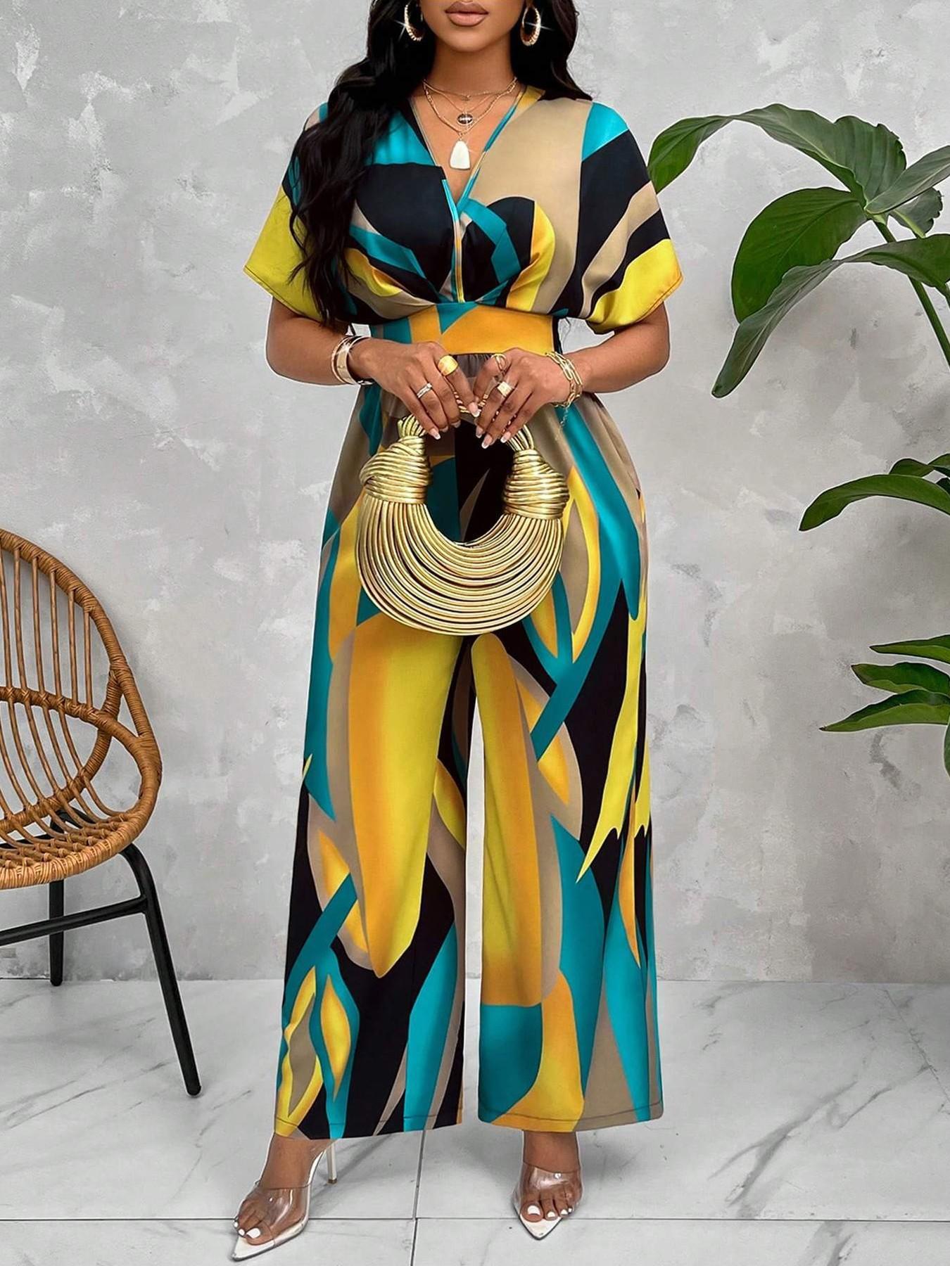Women's Batwing Sleeve Waist Cinched Jumpsuit V Neck Colorblock Print Wide Leg Non-Elastic Casual Vacation Wear, Summer Fashion Smooth Fabric