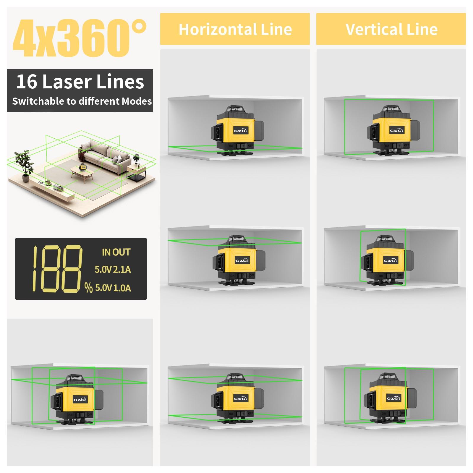 GZG 4D 16 Lines Laser Level, Auto-leveling Laser, Automatic Laser Level, Self-Leveling 360 Laser Level with Remote Control, Professional Laser Level Tool