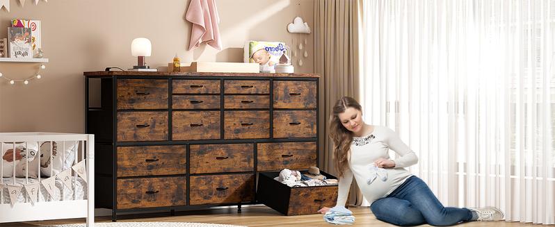 Raybee Dressser with 16 Drawers, TV Stand for Bedroom for 60" TV, Long Dressers & Chests of Drawers, Large Dresser with Charging Station, 51.1" W*11.8" D*34.8" H