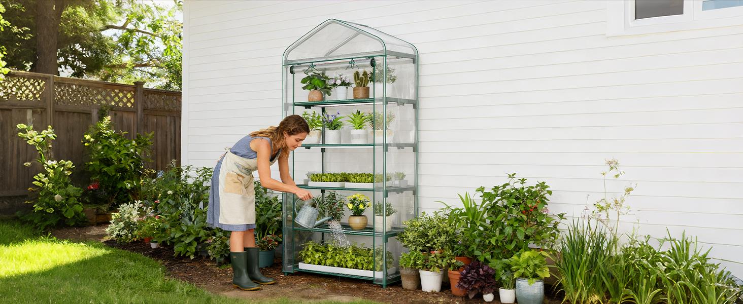 Lilypelle Indoor Mini Greenhouse with Grow Lights, 4/5 Tier Plant Shelf with Zippered PVC Cover, Seed Starting Rack with 3 Light Modes, 10 Brightness Levels & Timer Function