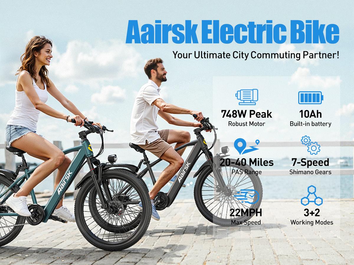 Aairsk GT300 Electric Bike 26"/24" 25 mph 10Ah Battery 750W Peak Motor 21 Speeds Dual Suspension 40 Miles Range Pedal Assist Full Suspension Commuter Ebike Adjustable Seat Gift for Father's Day Travel Outdoor