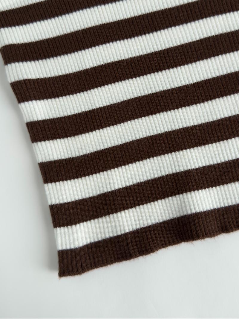 Women Striped Knit Top Brown White Blouse Long Sleeve Tee Slim Fit Sweater Boat Neck Top Ribbed Knit Blouse Stretch Fabric Top Casual Fashion Shirt Outfit French Chic Style Soft Knit Pullover Elegant Slim Top Lightweight Knitwear Casual Classy Top