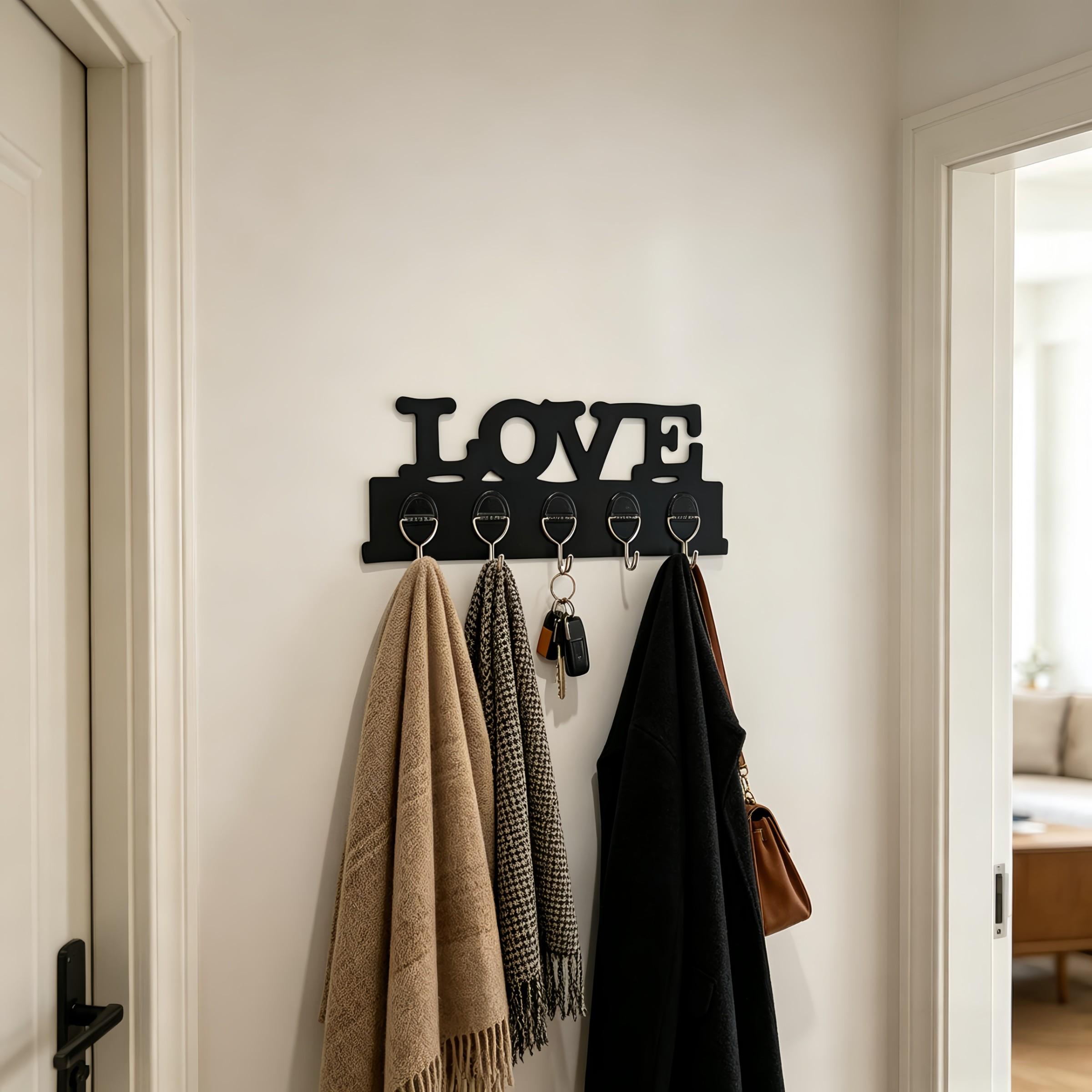 2-Pack Love Graphic Plastic Hook Rack, Wall-Mounted Key Hooks, 5 Strong Hooks, Easy Install with Adhesive Backing, Ideal for Entryway Organization