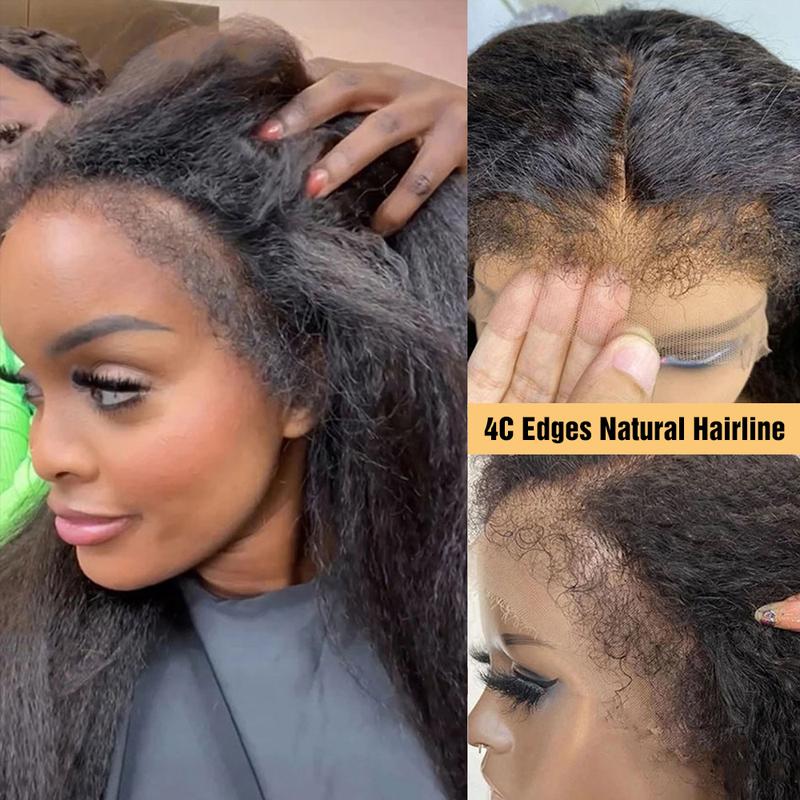 Yaki Kinky Straight Wig With 4C Edges Lace Front Human Hair Wig Brazilian Kinky Curly 13x6 HD Lace Frontal Wigs For Women Baby Hair Pre Plucked 180%
