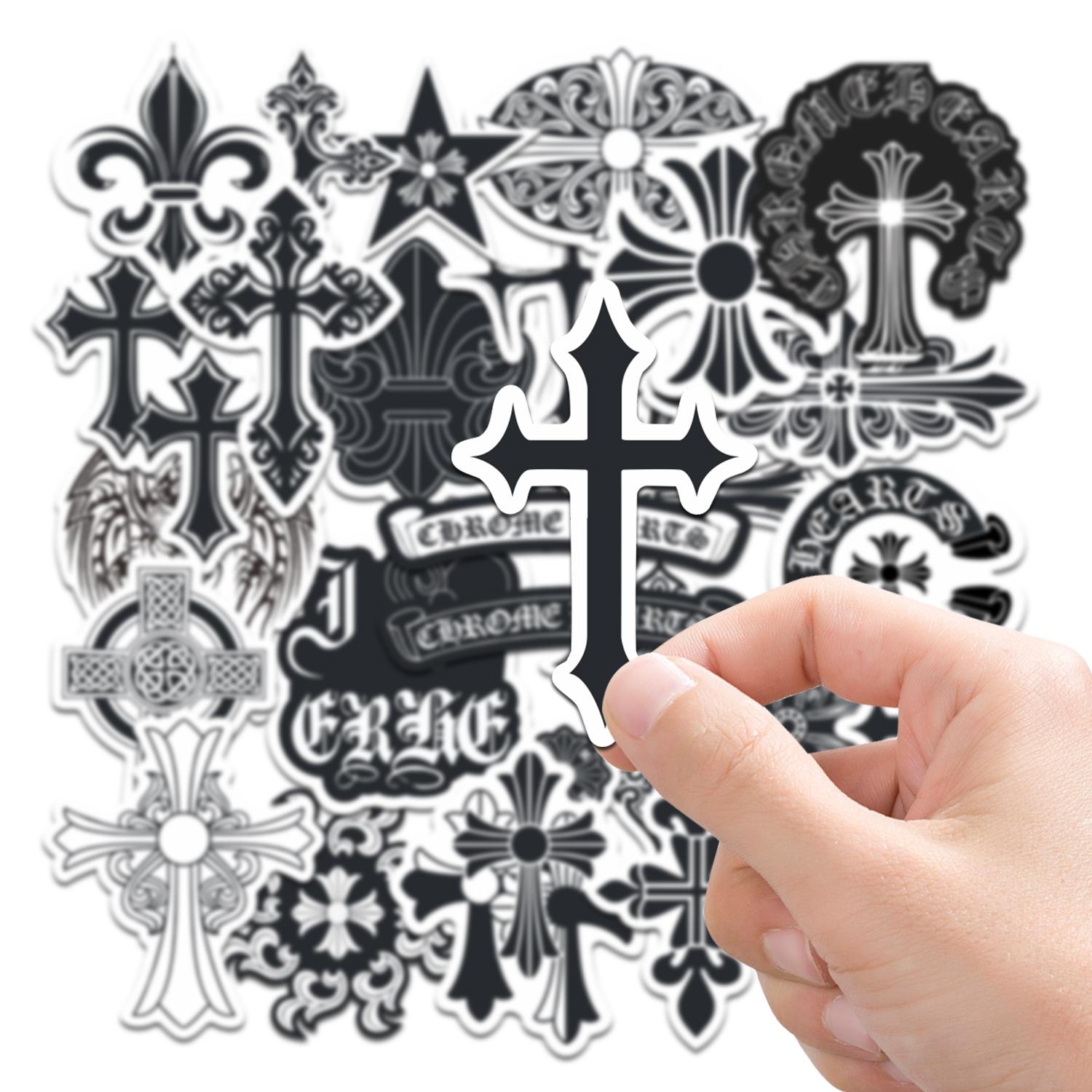 28pcs Chrome Hearts Gothic Cross Stickers Pack, Waterproof Black