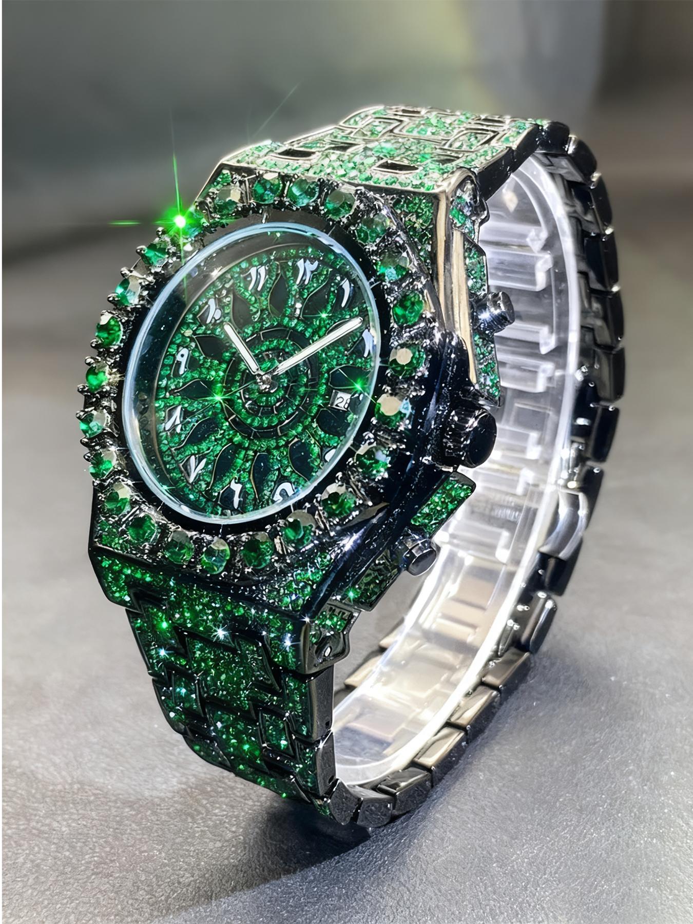 Men's Quartz Watch with Rhinestones, Luxury Ice-Dial Hip-Hop Watch with Full Artificial Water Diamonds, Rhinestone Decorated Watch, Fashionable Stylish Watch Men's Quartz Watch with Rhinestones, Luxury Ice-Dial Hip-Hop Watch with Full Artificial Water Diamonds, Rhinestone Decorated Watch, Fashionable Stylish Watch