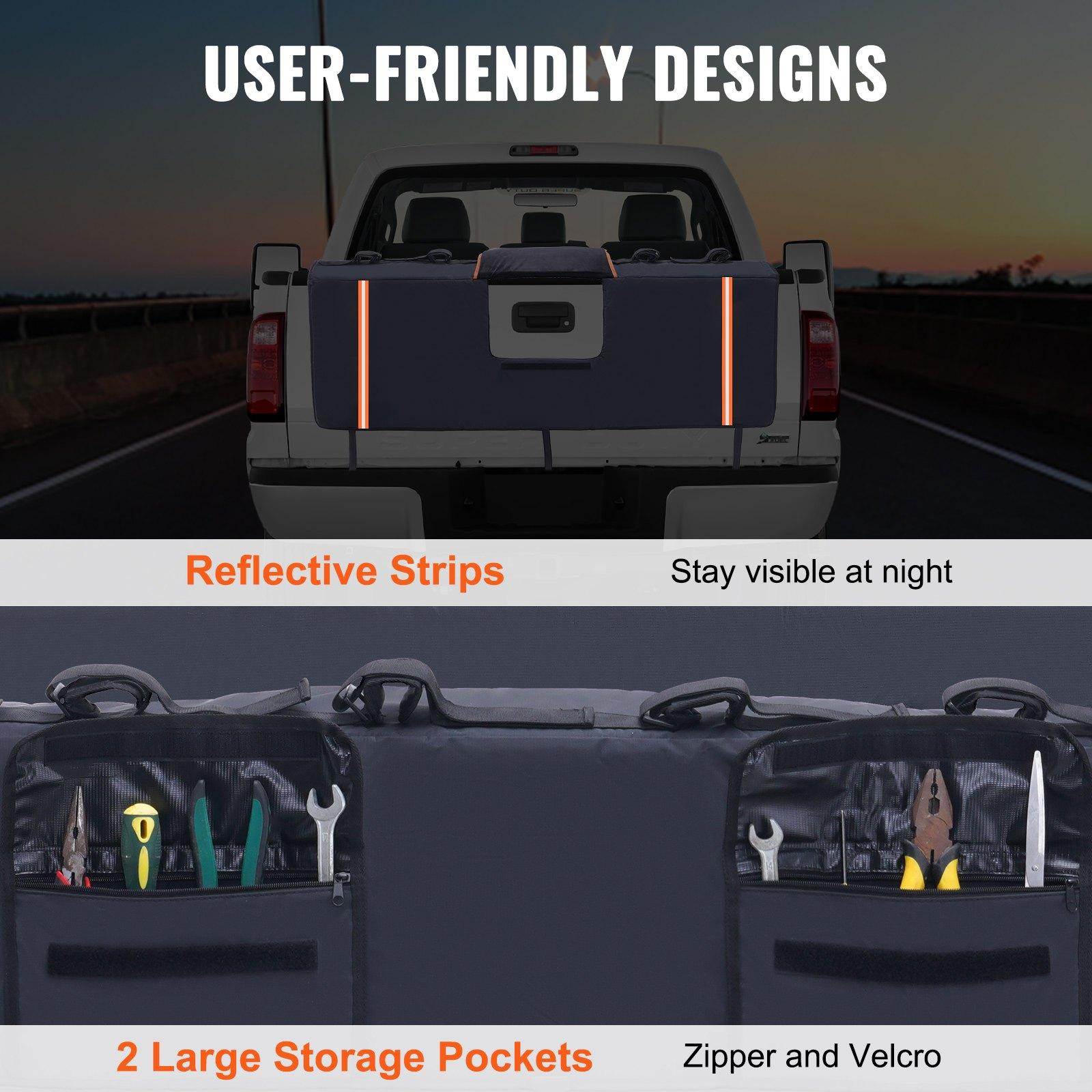 Tailgate Bike Pad, 53" Truck Tailgate Pad Carry 5 Mountain Bikes, Tailgate Protection Pad with Reflective Strips and Tool Pockets, Tailgate Pad with Camera Opening for Mid-Size Pickup Trucks