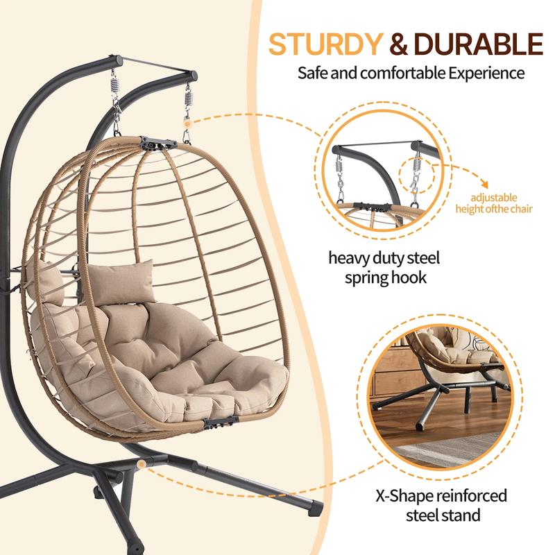 UDPATIO Double Wicker Swing Egg Chair 2 Person Foldable Hanging Egg Chair with Stand, Porch Swing Loveseat for Patio, Balcony, Porch, Indoor，Outdoor,