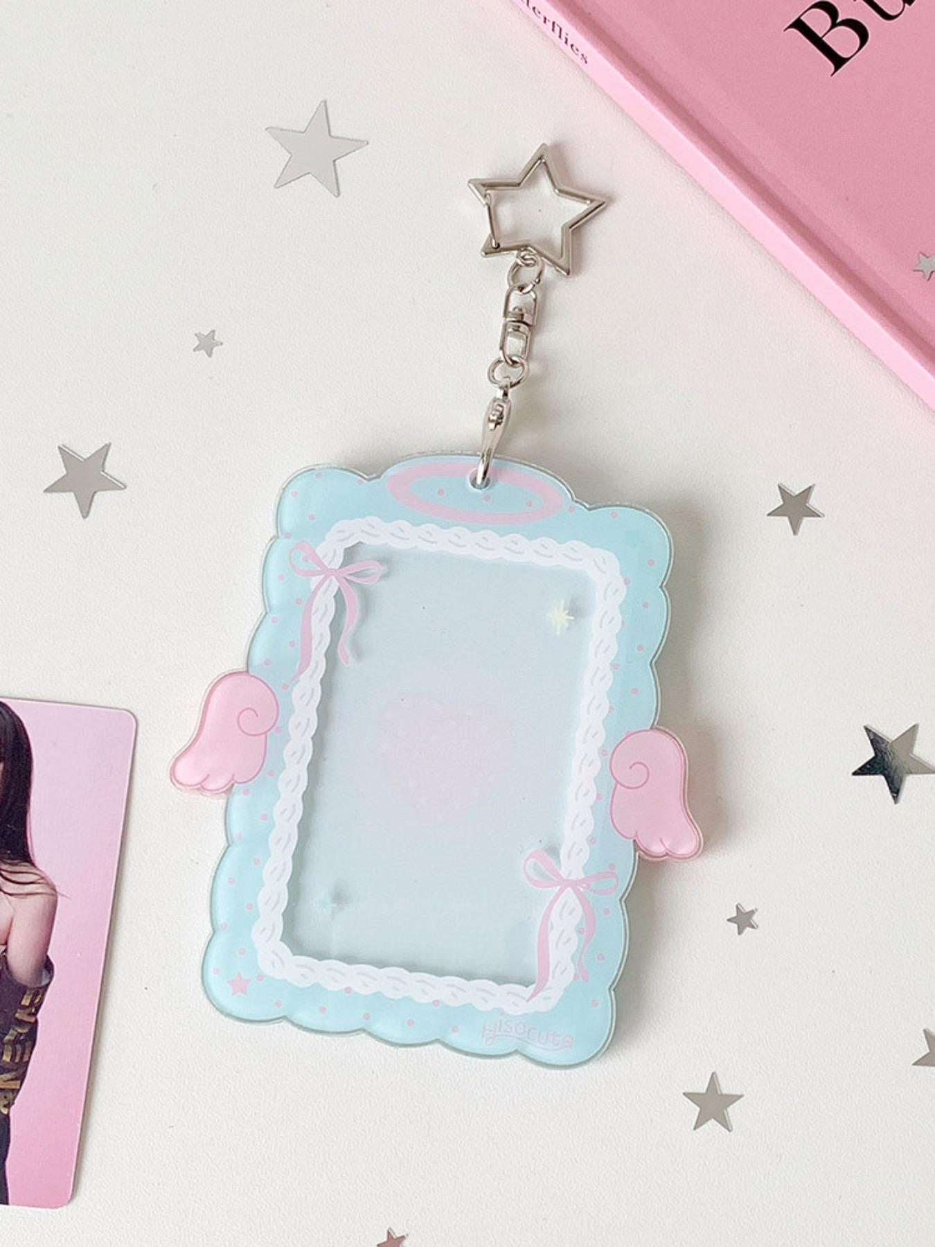 Sweet Girl 3 Inch Angel Wings Keychain Card Holder, Student Hollow Out Visible Small Card Display Case, Idol Fan Accessory, Id Holders For Badges, Id Badge Holder, Badge Accessories