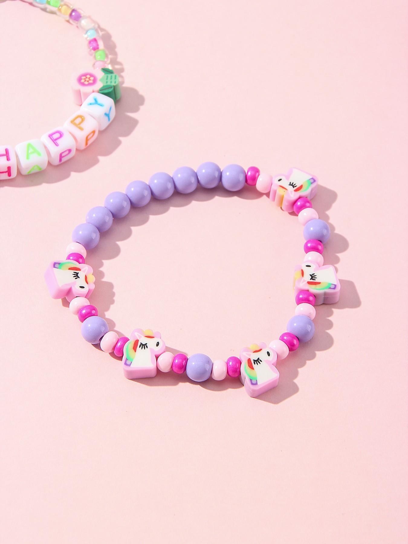 4pcs/set Multicolor Acrylic Beaded Bracelets, Heart Butterfly Letter Glass Beads, Party Gift for Girls, All Seasons Fashion Accessory