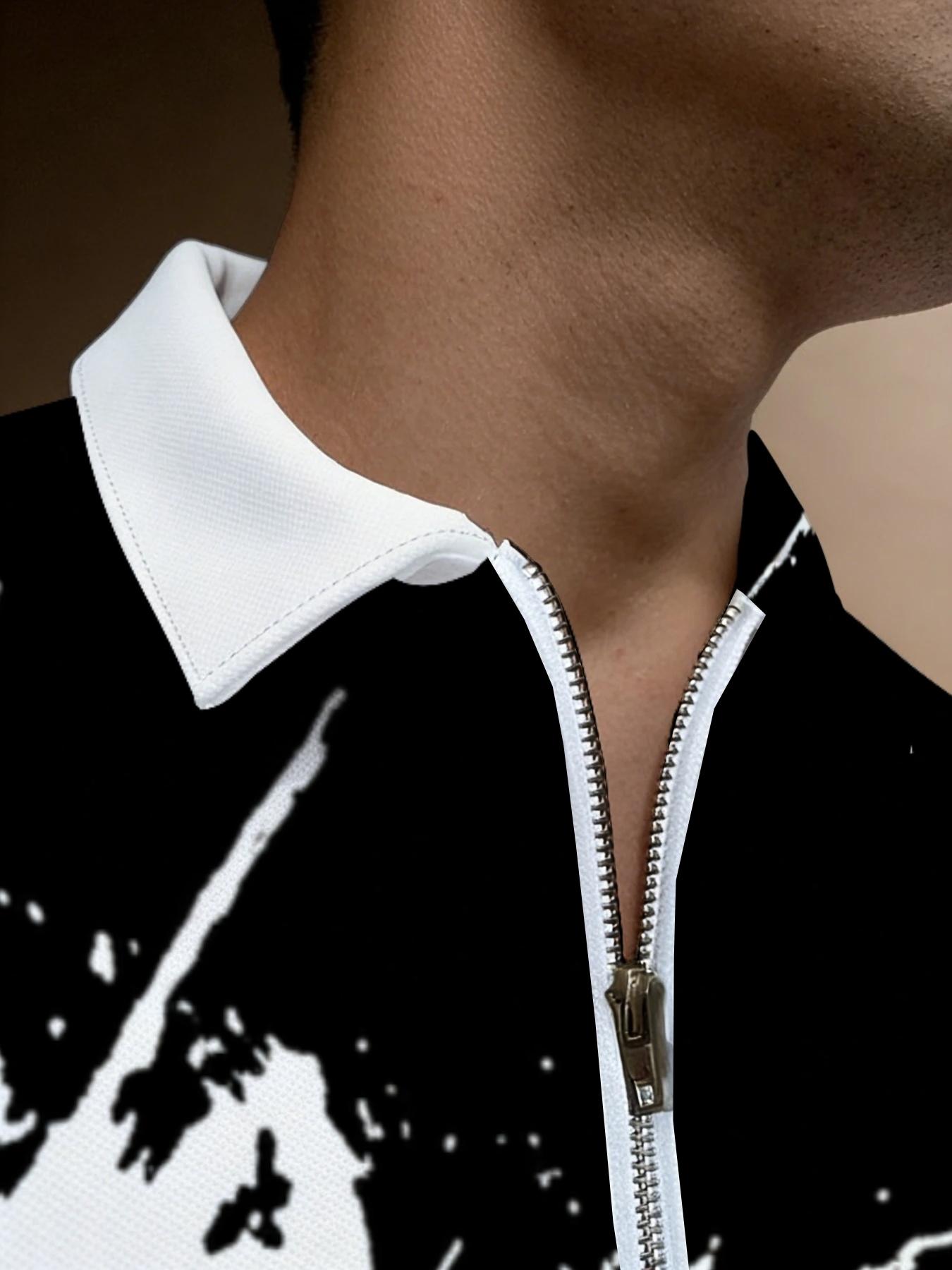 Men's Black & White Splash Ink Printed Short Sleeve Polo Shirt, Casual Fashion Trendy Top, New Summer Lapel Style