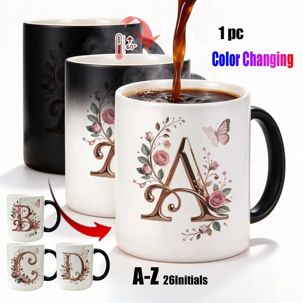 Vintage Rose & Butterfly Heat Reveal Aesthetic Mug, Ornate A-Z Floral Monogram Color Changing Coffee Cup, Hidden Flower Initial Magic Ceramic Mug, Elegant Gift for Her Mom Birthday