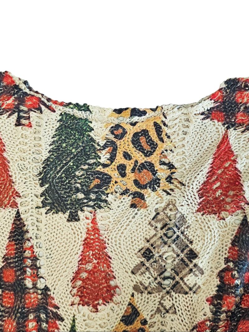 Women's Christmas Tree Print Knit Top, Long Sleeve V Neck Hollow Out Design, Casual Elegant Holiday Wear, Ladies Sweater Vest, Knitwear Women's Christmas Tree Print Knit Top, Long Sleeve V Neck Hollow Out Design, Casual Elegant Holiday Wear, Ladies Sweater Vest, Knitwear
