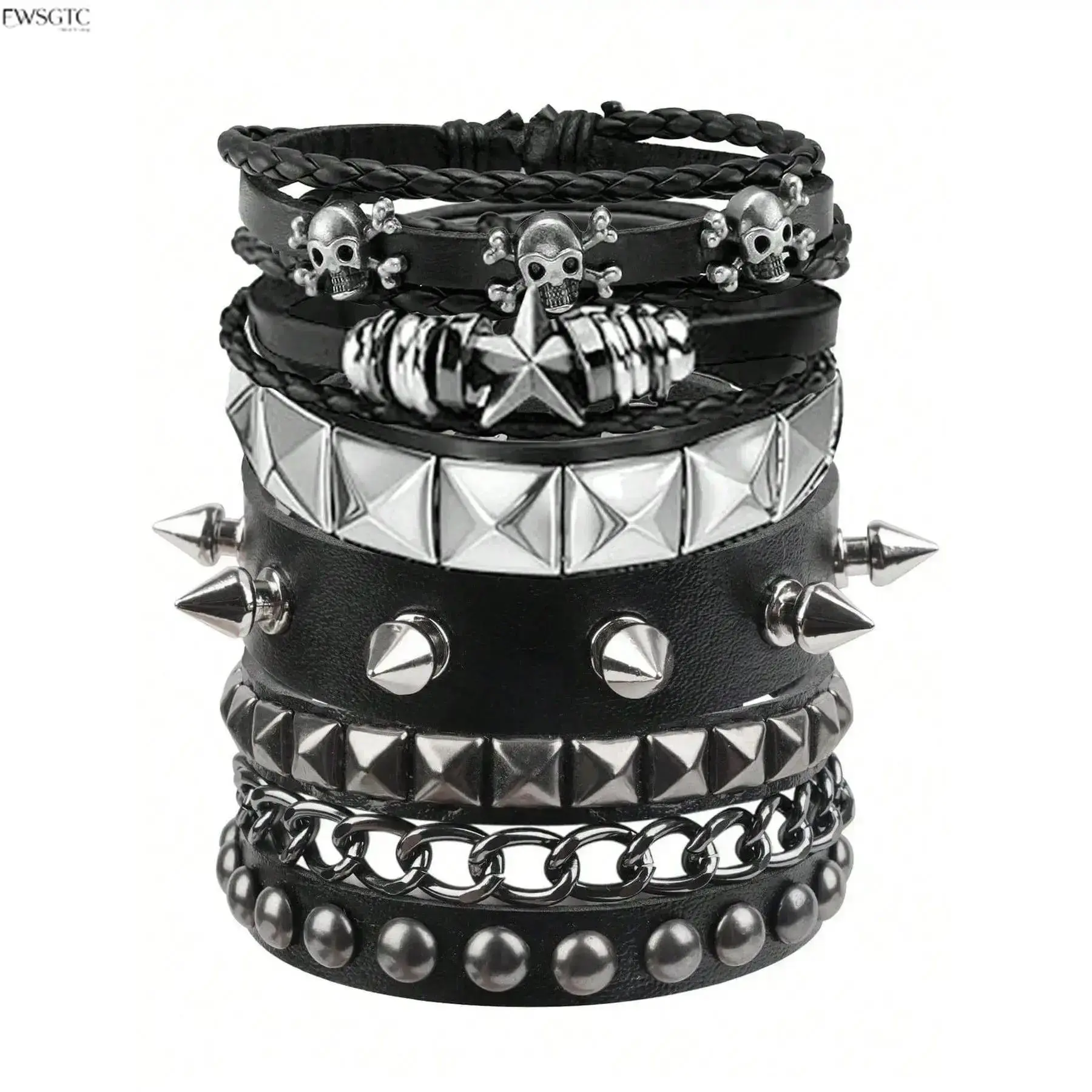 Trending 5-Piece Y2K Gothic Punk Spiked PU Leather Cuff Bracelet Pack, Adjustable Unisex Bold Wrist Ornaments, Eye-Catching Alternative Fashion Gear Perfect For Music Festival Parties, Live Concert Styling, Cosplay Costumes And Cool DailyStreetwear Matchi