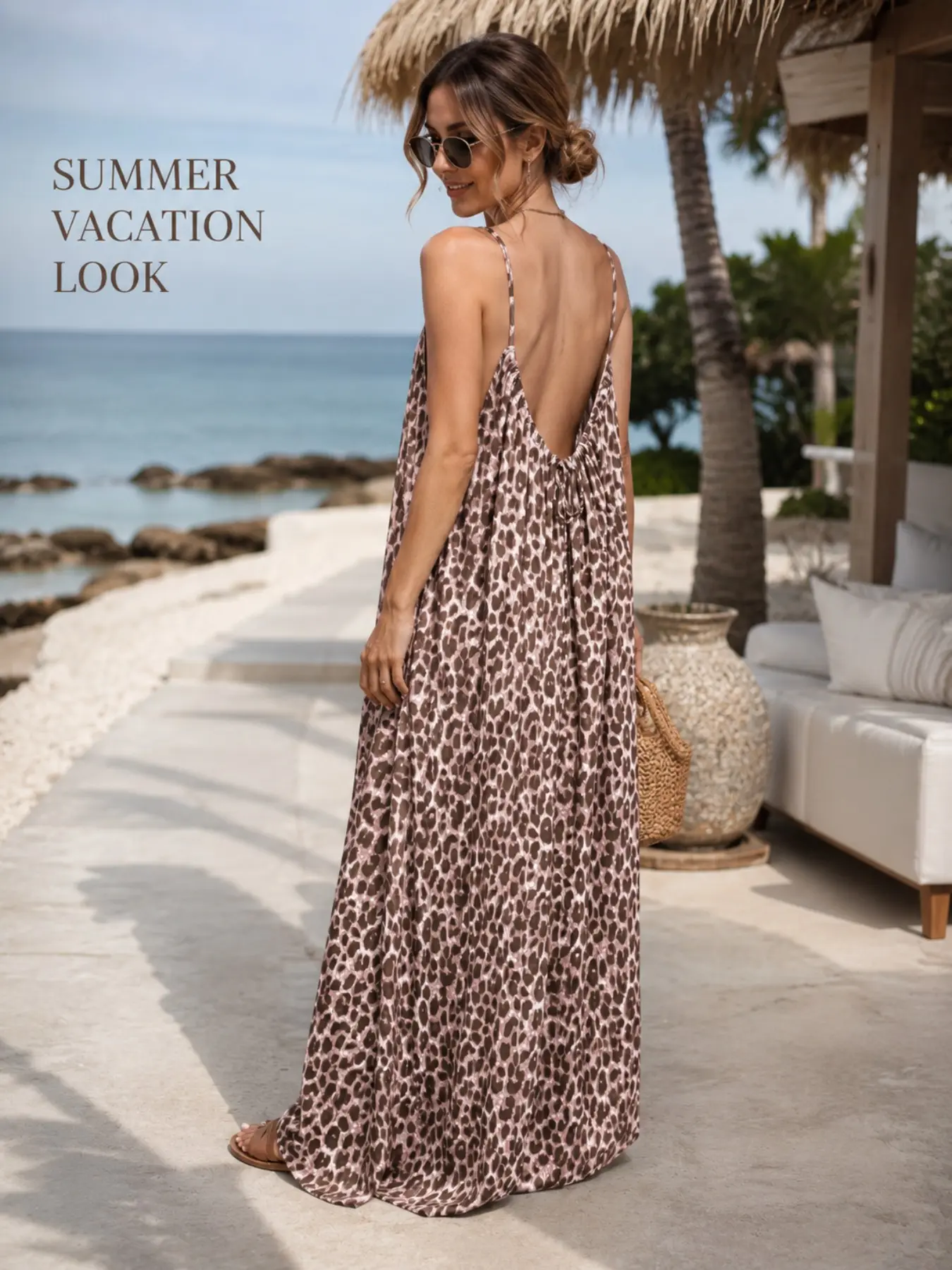 Women's Leopard Print Spaghetti Strap Nightgown – Loose, Sleeveless Loungewear Dress Suitable for All Seasons; Soft, Comfortable, and Casual – Perfect for Sleep, Beach Vacations, or Everyday Wear.