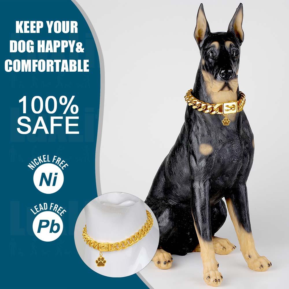 Cuban Link Dog Collar Gold Dog Collar 16mm Dog Chain Collars with Snap Buckle 18K Gold Miami Stainless Steel Metal Collars for Puppy Small Medium Large Dogs with Dog tag & Bell